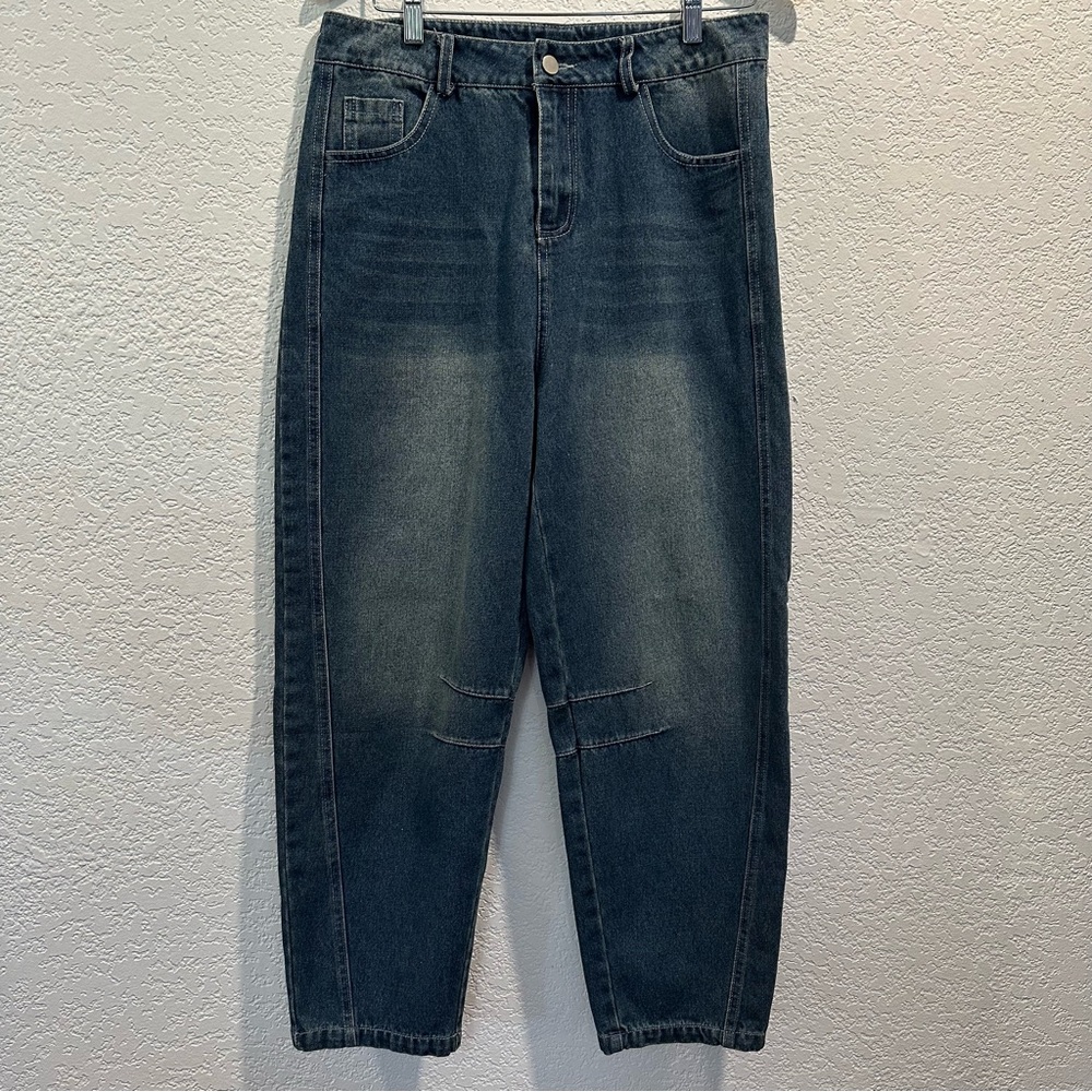 Barrel Leg Jeans Dark Blue Denim Faded Wash Seems‎ NWOT no brand